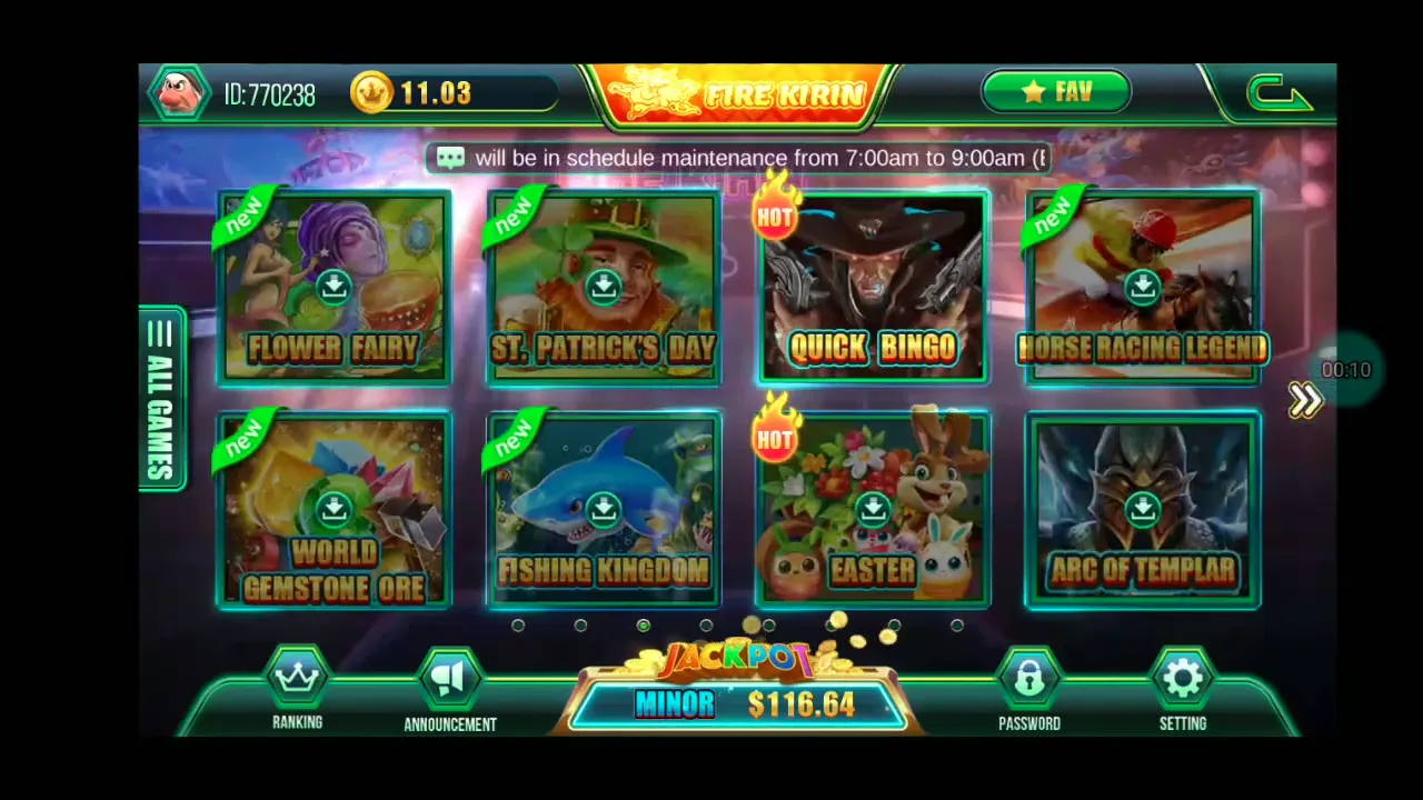 Fire Kirin game lobby screenshot showing the slots and fish table game collection